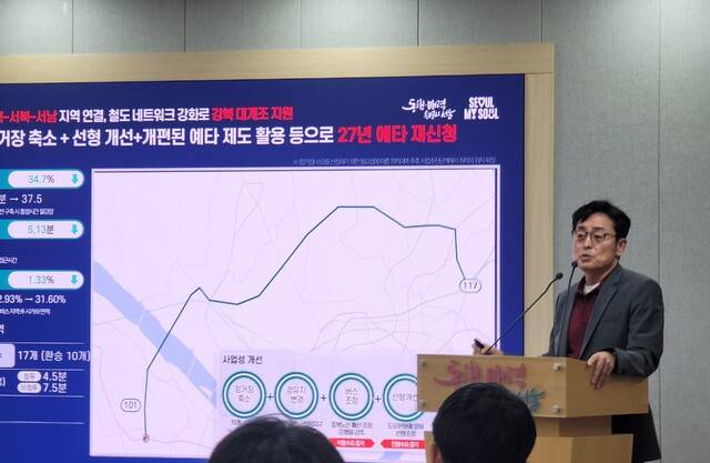 11일 오전 서울시청 2층 브리핑룸에서 여장권 시 교통실장이 제3차 도시철도망 구축계획 추진 방향을 설명하고 있다. (사진=박유진 기자)