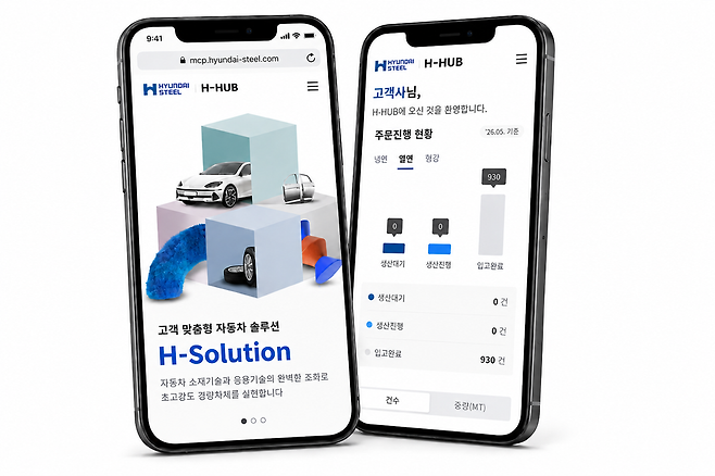 현대제철의 모바일 고객 포털 시스템 'H-HUB' 메인 화면·주문 화면. 현대제철