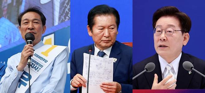 왼쪽부터 우상호 강원지사 당선인, 정청래 더불어민주당 대표, 이재명 대통령. 뉴스1