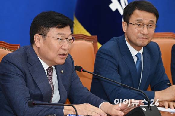 정점식 국민의힘 원내대표가 11일 서울 여의도 국회에서 한병도 더불어민주당 원내대표를 에방한 가운데 발언을 하고 있다. [사진=곽영래 기자]