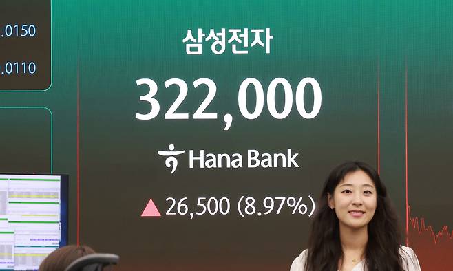 지난 9일 서울 중구 하나은행 본점 딜링룸 전광판에 삼성전자의 종가가 찍혔다. 뉴스1