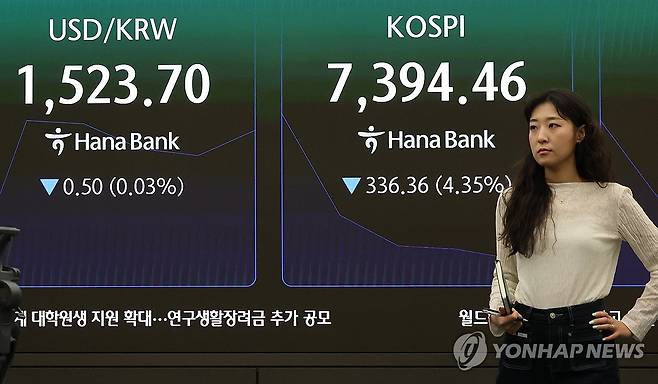코스피 하락 출발 (서울=연합뉴스) 이진욱 기자 = 11일 오전 서울 중구 하나은행 본점 딜링룸에서 직원들이 업무를 보고 있다.  이날 오전 9시 4분 현재 코스피는 전날보다 322.48포인트(4.30%) 내린 7,398.34다. 2026.6.11 cityboy@yna.co.kr