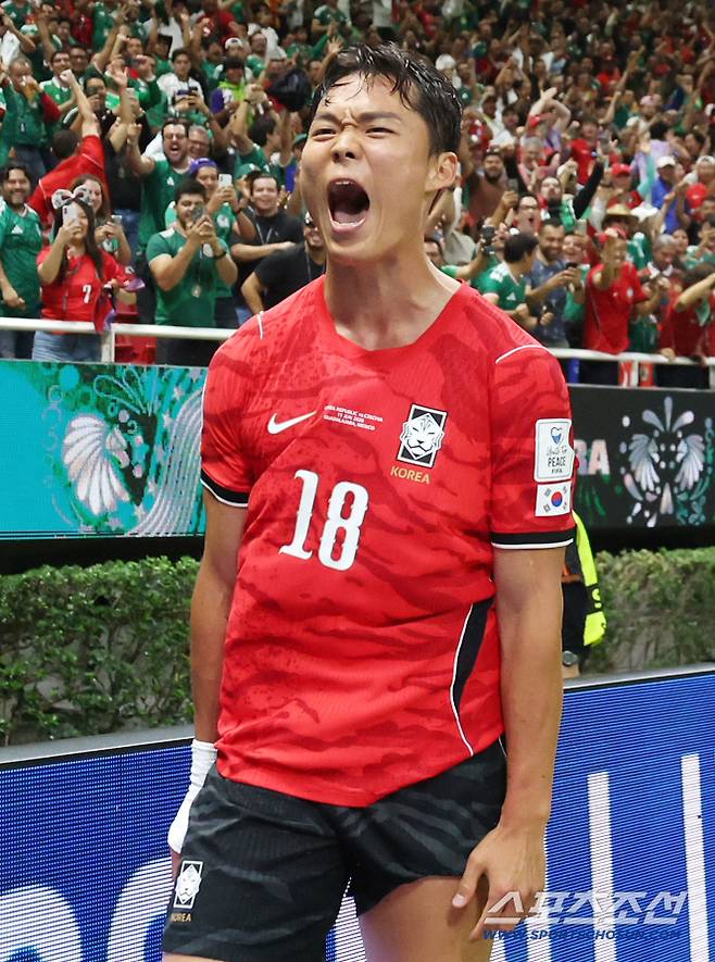 12일(한국시각) 멕시코 과달라하라 사포판의 에스타디오 과달라하라에서 열린 2026 북중미월드컵 대한민국과 체코의 경기. 결승골을 넣은 오현규가 환호하고 있다. 사포판(멕시코)=허상욱 기자wook@sportschosun.com/2026.06.12/