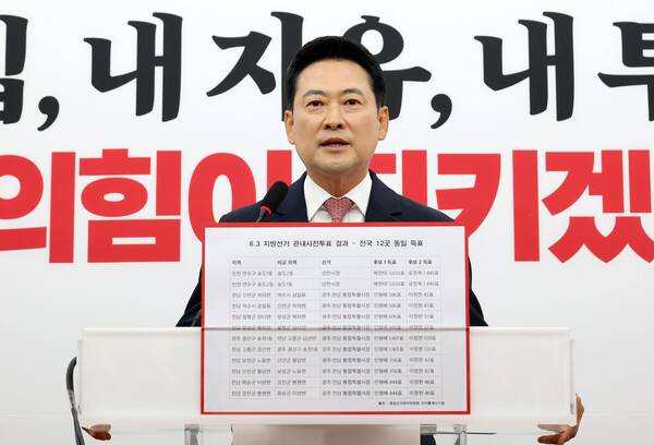 ▲국민의힘 장동혁 대표가 9일 서울 영등포구 국회에서 투표용지 부족 사태와 득표수 논란에 관한 현안 기자회견을 하고 있다. ⓒ연합뉴스