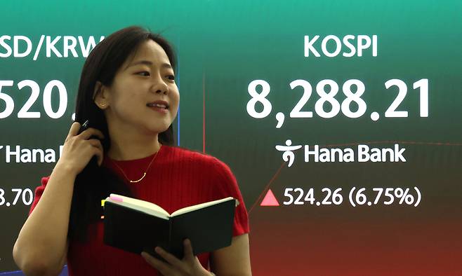 코스피 지수가 6%대 급등 출발하며 매수 사이드카가 발동한 12일 오전 서울 중구 하나은행 본점 딜링룸 현황판에 전장대비 524.26포인트(6.75%) 상승한 8,288.21를 나타내고 있다. 뉴스1