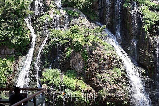 서울의 낮 최고기온이 31도까지 오른 14일 서울 서대문구 홍제천 인공폭포에서 시민들이 더위를 피하고 있다. 고이란 기자 photoeran@