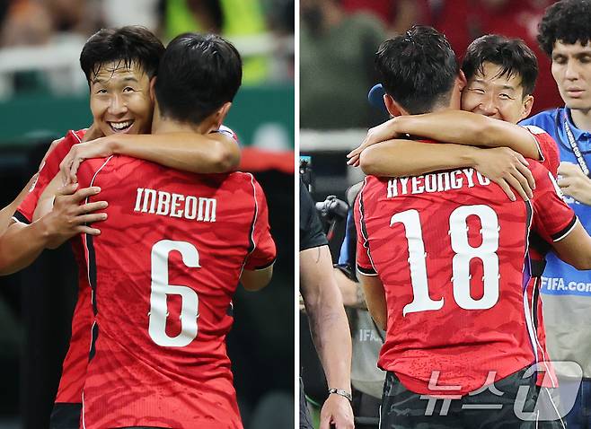 11일(현지시간) 멕시코 할리스코주 사포판 과달라하라 스타디움에서 열린 2026 북중미 월드컵 A조 조별리그 1차전 대한민국과 체코의 경기에서 주장 손흥민이 동점골을 넣은 황인범과 역전골을 넣은 오현규를 끌어 안고 있다. 2026.6.12 ⓒ 뉴스1 박지혜 기자