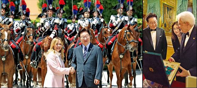 이재명 대통령이 12일(현지시간) 이탈리아 로마 영빈관 정원에서 열린 총리 주최 환영식에서 조르자 멜로니 총리와 악수하고 있다. 오른쪽 사진은 이 대통령이 전날 세르조 마타렐라 대통령에게서 최고 등급 훈장인 이탈리아공화국 기사대십자 공로훈장을 받는 모습.  /로마=김범준 기자