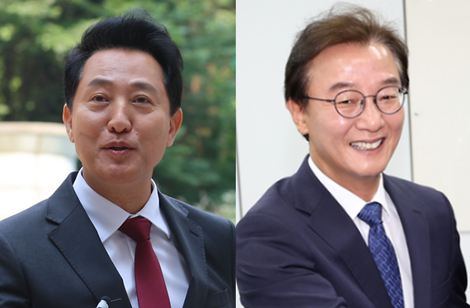 오세훈 서울시장 당선인과 전재수 부산시장 당선인 [연합뉴스 편집]
