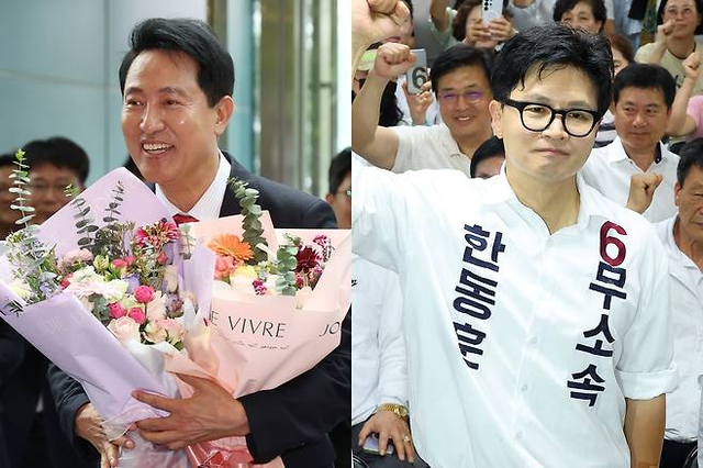 6·3 지방선거 및 재보궐선거 개표 결과 지난 6월 4일 당선이 사실상 확정된 국민의힘 오세훈(왼쪽) 서울시장과 한동훈 부산 북갑 무소속 국회의원 당선인. [공동 취재·연합뉴스]