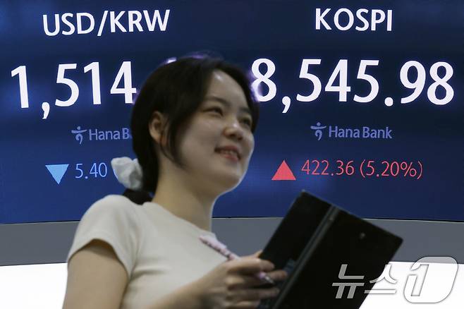 미국과 이란의 중동 전쟁 종전 양해각서(MOU) 합의 소식이 전해진 15일 서울시 중구 하나은행 딜링룸 전광판에 코스피 등 종가가 표시되고 있다. 이날 코스피는 전 거래일 대비 422.36p(5.20%) 오른 8545.98, 코스닥은 4.98포인트(p)(0.48%) 오른 1034.03, 서울외환시장에서 달러·원 환율은 전일 오후 3시 30분 주간종가 보다 8.7원 내린 1511.1원을 기록했다. 2026.6.15 ⓒ 뉴스1 박정호 기자