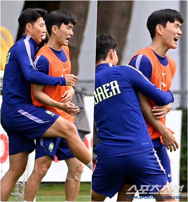 손흥민의 밀착수비에 괴로운 황인범, 캡틴의 애정 가득한 스킨십에 황인범의의 찰진 반응. 사포판(멕시코)=허상욱 기자