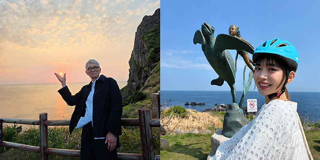 일본 드라마 ‘고독한 미식가’ 주연 배우 마츠시게 유타카(왼쪽)가 성산일출봉 일대에서 제주의 자연과 미식 여행 매력을 소개하고 있다. 배우 이게타 히로에는 제주 바다를 배경으로 체험·감성 여행 코스를 촬영했다. /사진=제주특별자치도 제공