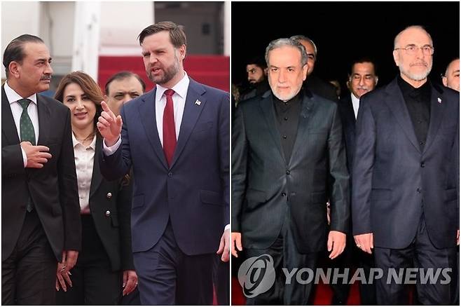 4월 11일(현지시간) 파키스탄 수도 이슬라마바드서 전쟁 종식을 위한 회담에 나선 미국 대표단(왼쪽)과 이란 대표단 [AP·EPA=연합뉴스 자료사진. 재판매 및 DB 금지]