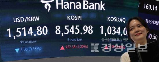 ▲ 코스피가 미국과 이란 간 종전 합의에 상승 마감한 15일 서울 중구 하나은행 딜링룸 현황판에 코스피와 코스닥, 원·달러 환율이 표시되고 있다. 이날 코스피는 전장보다 422.36p(5.20%) 오른 8545.98에, 코스닥은 4.98p(0.48%) 오른 1034.03으로 장을 마감했다. 원·달러 환율은 8.7원 내린 1511.1원이다. 연합뉴스