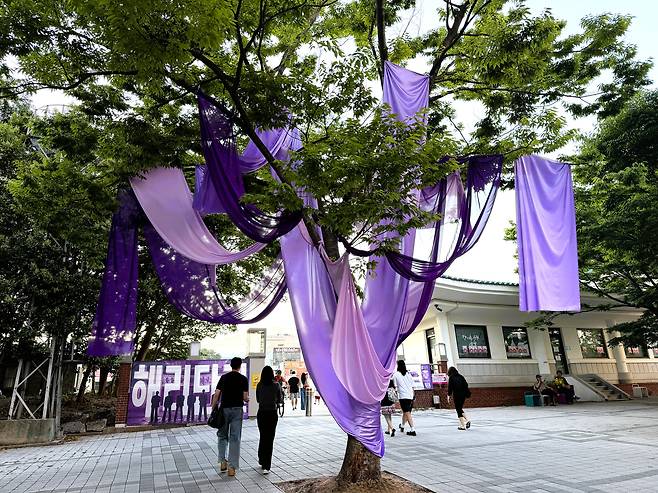 14일 부산 해운대구 해리단길 입구에 상인들이 보라색천을 걸어 아미들을 환영하고 있다./김동환 기자