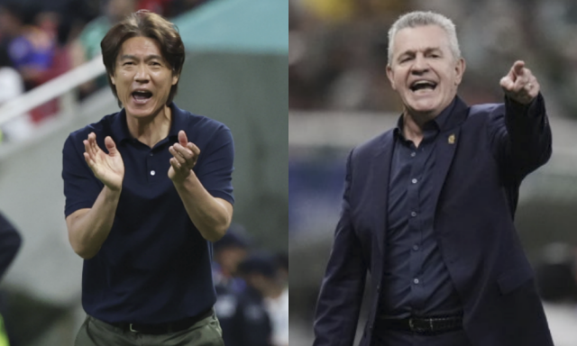 홍명보 한국 축구대표팀 감독(왼쪽). 아기레 멕시코 축구대표팀 감독. AP=연합뉴스