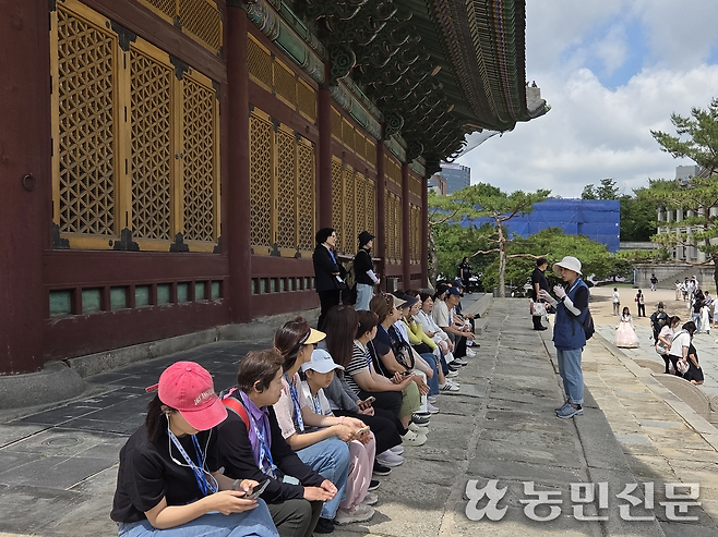 중화전 뒤에 앉아 김지화 강사의 해설을 듣는 왕릉팔경 참가자들.