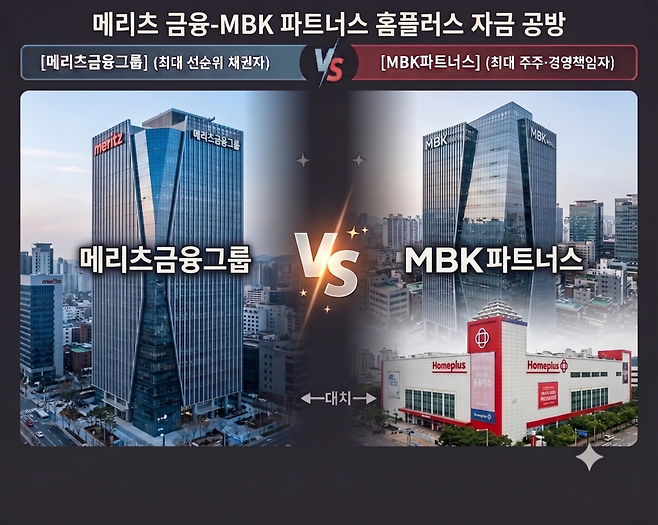 메리츠 금융그룹과 MBK 파트너스는 홈플러스 자금을 두고 공방을 이어가고 있다. / 이미지 = 제미나이