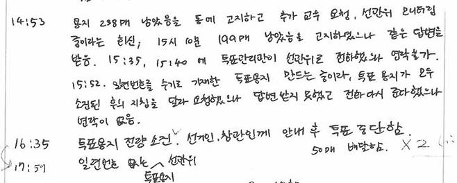 [사진=뉴시스] 주진우 국민의힘 의원이 중앙선거관리위원회로부터 제출받은 서울 송파구  잠실2동 제6투표소의 투표록 중 일부 갈무리. *재판매 및 DB 금지