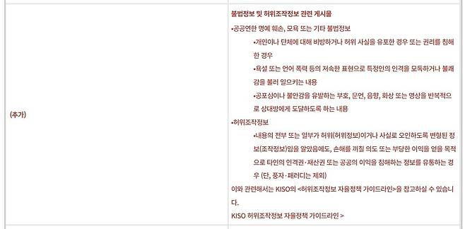 네이버웹툰의 게시물 및 커뮤니티 가이드라인 개정안. 부적합 게시물 대상에 KISO 자율정책 가이드라인에 따른 허위조작정보가 추가됐다. (네이버웹툰 공지사항 갈무리)