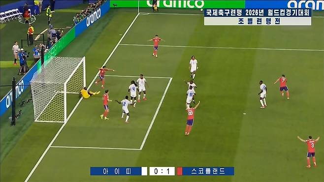 북한 조선중앙TV가 지난 15일 오후 8시 보도에서 2026 국제축구연맹(FIFA) 월드컵 조별리그 1~3조 주요 경기 장면을 방영하는 모습. 조선중앙TV 캡처, 연합뉴스