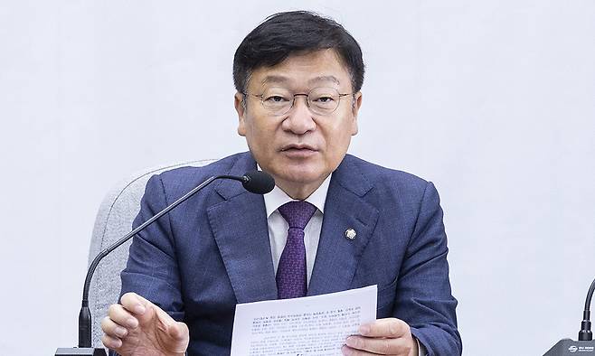 국민의힘 정점식 원내대표가 19일 국회에서 열린 원내대책회의에서 발언하고 있다. 연합뉴스