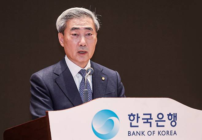 4월21일 신현송 한국은행 총재가 서울 중구 한국은행 별관에서 열린 취임식에서 인사말을 하고 있다. ⓒ연합뉴스