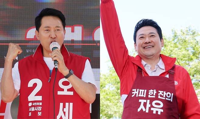 5월29일 서울 서대문구 신촌 일대에서 유세를 하고 있는 오세훈 서울시장과 5월31일 서울 홍대입구역에서 대국민 투표 참여를 호소하고 있는 장동혁 국민의힘 대표. 연합뉴스