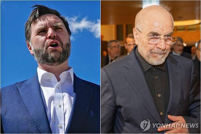 스위스서 실무회담 갖는 미·이란 대표단 20일(현지시간) 스위스로 출발하는 밴스 미국 부통령(왼쪽)과 21일(현지시간) 스위스 협상장에 도착한 갈리바프 이란 의회 의장. [AP=연합뉴스. 재판매 및 DB 금지]