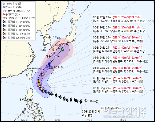 제7호 태풍 메칼라 현재위치와 예상 이동경로.