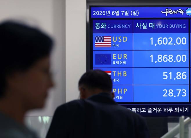 7일 인천 중구 인천공항 제1여객터미널 환전소에 달러 현찰 판매 환율이 표시되고 있다. 신태현 기자 holjjak@(이투데이DB)