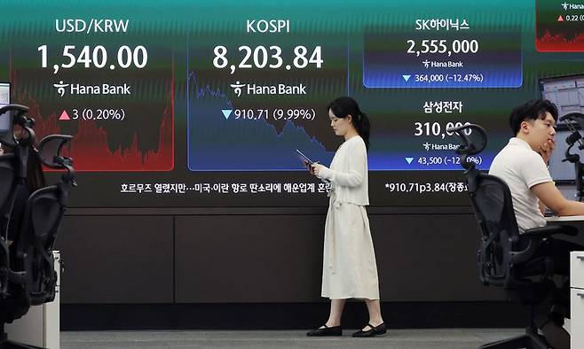 23일 서울 중구 하나은행 딜링룸에서 딜러들이 업무를 보고 있다. 코스피는 전 거래일 대비 910.71p(-9.99%) 하락한 8203.84에 거래를 마쳤다. 뉴시스