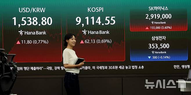 [서울=뉴시스] 김진아 기자 = SK하이닉스가 코스피 시가총액 1위 기업으로 올라선 22일 서울 중구 하나은행 딜링룸 전광판에 하이닉스 주가가 표시되고 있다. 코스피는 전 거래일(9052.42)보다 62.13포인트(0.69%) 오른 9114.55에, 코스닥 지수는 전 거래일(966.59)보다 1.81포인트(0.19%) 상승한 968.40에 거래를 마쳤다. 2026.06.22. bluesoda@newsis.com