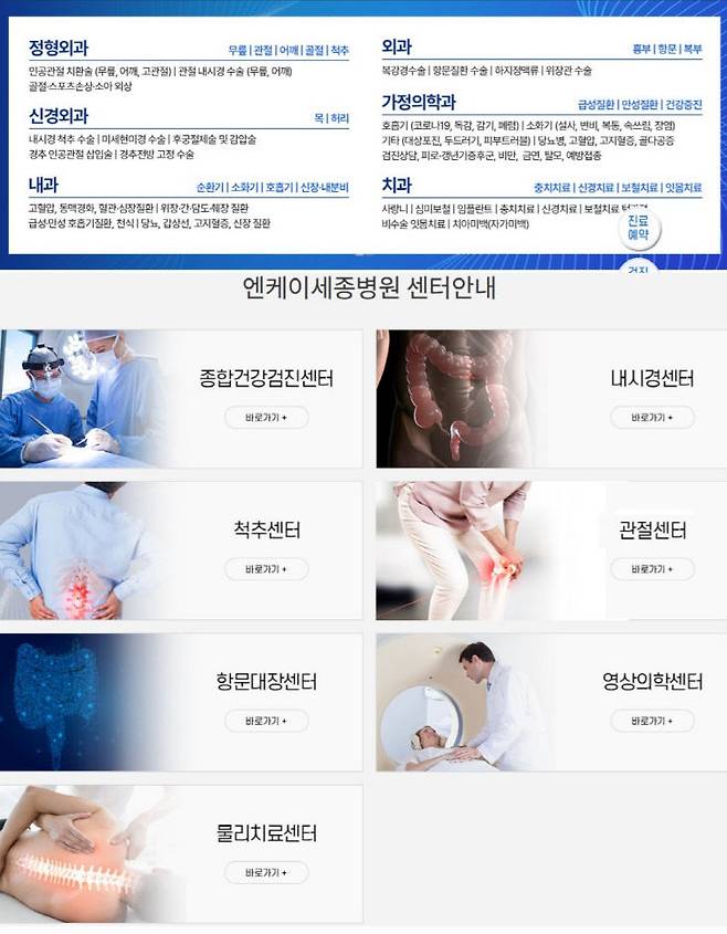 엔케이세종병원의 진료 과목.