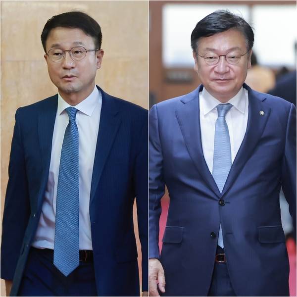 더불어민주당 한병도 원내대표(왼쪽)와 국민의힘 정점식 원내대표가 24일 국회의장실에서 조정식 국회의장 주재 원 구성 관련 원내대표 회동을 마친 뒤 이동하고 있다. /연합뉴스