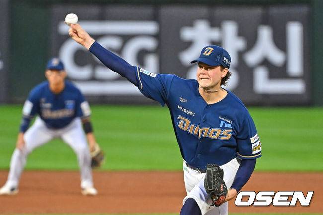 [OSEN=부산, 이석우 기자] 24일 부산 사직야구장에서 2026 신한 SOL KBO 리그 롯데 자이언츠와 NC 다이노스의 경기가 열렸다. 홈팀 롯데는 로드리게스가, 방문팀 NC는 테일러가 선발 출전했다.NC 다이노스 선발 투수 테일러가 역투하고 있다. 2026.06.24 / foto0307@osen.co.kr