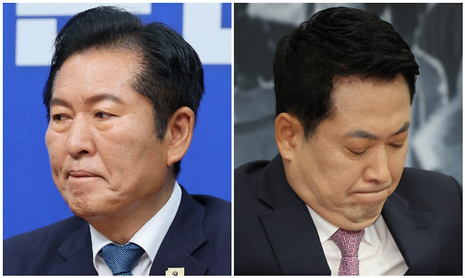 정청래 더불어민주당 대표가 24일 서울 여의도 국회에서 열린 최고위원회의에서 생각에 잠겨 있다(왼쪽 사진). 오른쪽 사진은 장동혁 국민의힘 대표가 25일 오전 서울 여의도 국회에서 열린 최고위원회의에서 생각에 잠겨 있다. 뉴스1