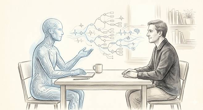 AI(인공지능)가 의사의 진료 판단을 돕는 데는 일부 효과가 있지만, 실제 치료 결과 개선까지는 확인되지 않았다는 대규모 임상시험 결과가 나왔다. 그림은 휴머노이드 형태 AI가 환자에게 진단 결과를 알려주는 상상도./제미나이
