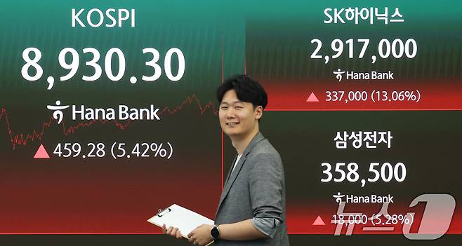 코스피가 5%대 급등 마감한 25일 오후 서울 중구 하나은행 본점 딜링룸 전광판에 코스피 종가와 삼성전자·SK하이닉스 주가가 표시되고 있다.  2026.6.25 ⓒ 뉴스1 오대일 기자