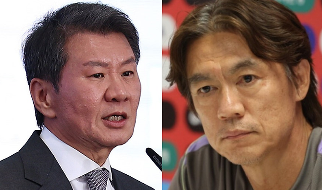 사진 왼쪽부터 정몽규 대한축구협회 회장과 홍명보 감독 [뉴스1 및 연합뉴스]