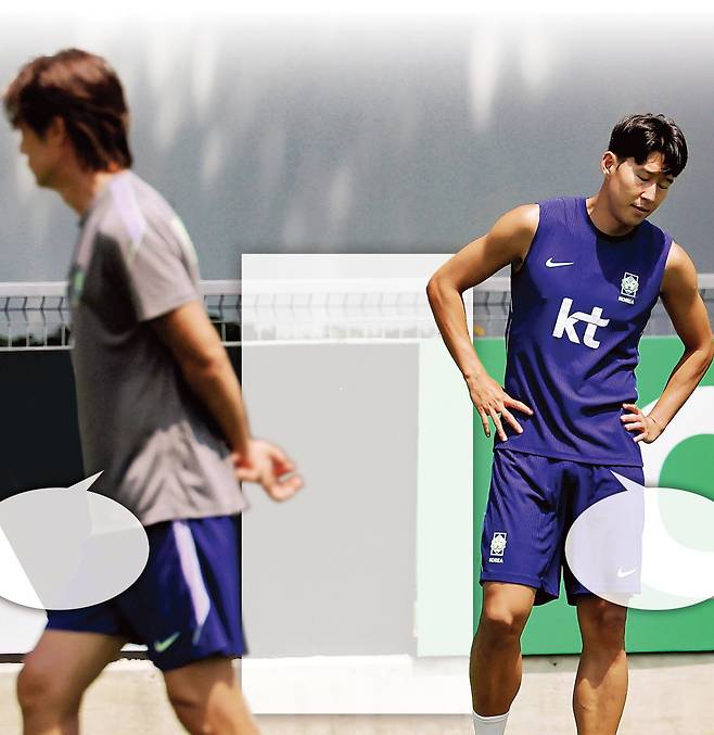 홍명보 한국 남자 축구대표팀 감독(왼쪽)과 손흥민이  28일 멕시코 과달라하라 팀 훈련장에서 2026 북중미 월드컵 32강 진출 여부를 기다리며 훈련하고 있다.  과달라하라(멕시코) | 연합뉴스