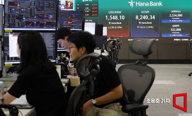 코스피가 美 기술주 상승에 힘입어 소폭 상승 출발한 30일 서울 중구 하나은행 본점 딜링룸에서 직원이 코스닥 등을 모니터하고 있다. 이날 코스피는 전 거래일 대비 22.05포인트(0.26%) 상승한 8416.70로 출발했지만 장중 2%대 하락세를 이어가고 있다. 2026.6.30 조용준 기자