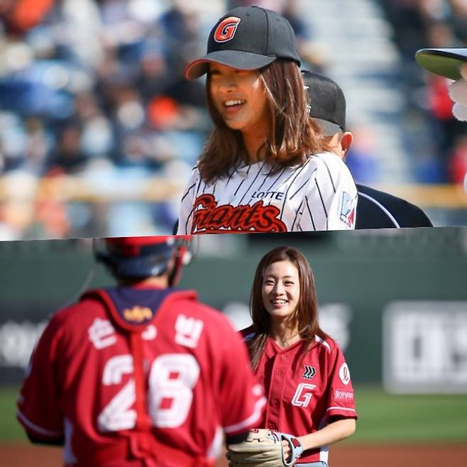 2012년 롯데 홈 개막전 당시 시구에 나섰던 강소라(위쪽)와 지난 28일 부산 LG전서 시구에 나선 강소라. /사진=롯데 자이언츠 제공