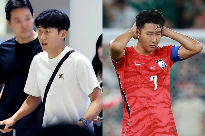 홍명보 감독이 이끈 대한민국 축구 대표팀이 2026 국제축구연맹(FIFA) 북중미 월드컵을 아쉽게 마무리한 가운데 '캡틴' 손흥민을 대표팀에서 계속 볼 수 있을지 관심이 집중되고 있다.  사진은 왼쪽부터 1일 오전 인천국제공항을 통해 귀국하는 손흥민의 모습, 지난 6월 25일 남아공과의 경기 직후 손흥민의 모습. /사진=뉴스1