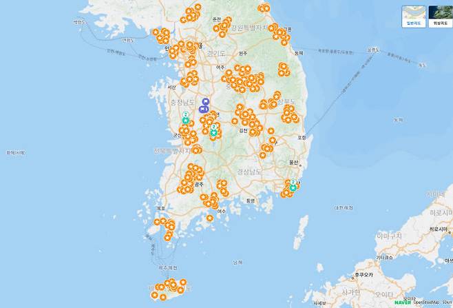 네이버 지도로 내려받아 가볼만한 핫플레이스들.세종시는 0곳이다. (사진=농식품부 제공 자료 갈무리)