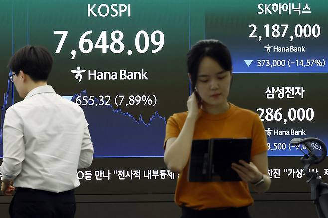 2일 오후 서울시 중구 하나은행 본점 딜링룸 전광판에 코스피 등 종가가 표시되고 있다. 이날 코스피는 전 거래일 대비 655.32p(7.89%) 하락한 7648.09, 코스닥은 62.63p(6.74%) 내린 866.72, 서울외환시장에서 달러·원 환율은 전일 오후 3시 30분 주간종가 보다 0.9원 오른 1555.8원을 기록했다. 2026.7.2 뉴스1