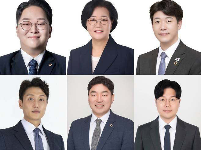 (왼쪽 위부터)김대영 행정안전위원장(더불어민주당·미추홀3), 최재현 문화복지위원장(민주당·남동6), 문세종 산업경제위원장(민주당·계양4), (왼쪽 아래부터)석정규 도시건설위원장(민주당·계양3), 조성환 환경교통위원장(민주당·계양1), 정종혁 교육위원장(민주당·서해1). 인천시의회 제공