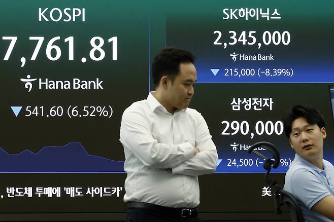 2일 코스피가 미국발 한파에 급락했다. 사진은 이날 오전 시황이 표시되는 서울 중구 하나은행 딜링룸. /사진=뉴스1