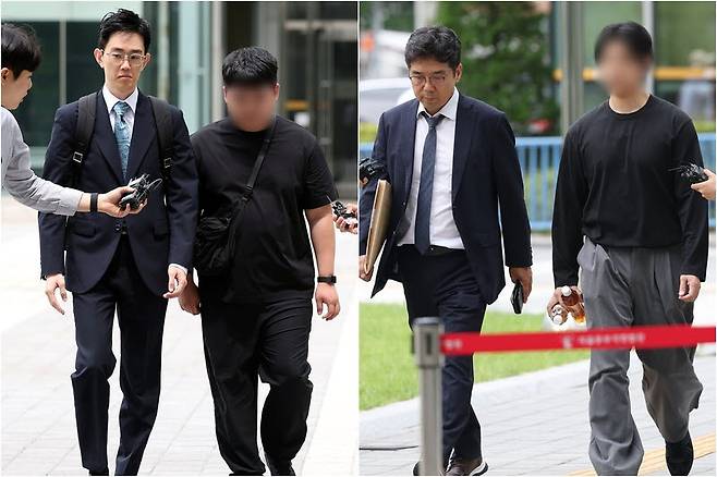 잠실 개표소 봉쇄 시위 첫날 경찰관을 폭행한 혐의를 받는 20대 남성들이 2명이 서울 송파구 동부지법에서 열린 영장실질심사에 출석하고 있다(사진=연합뉴스)